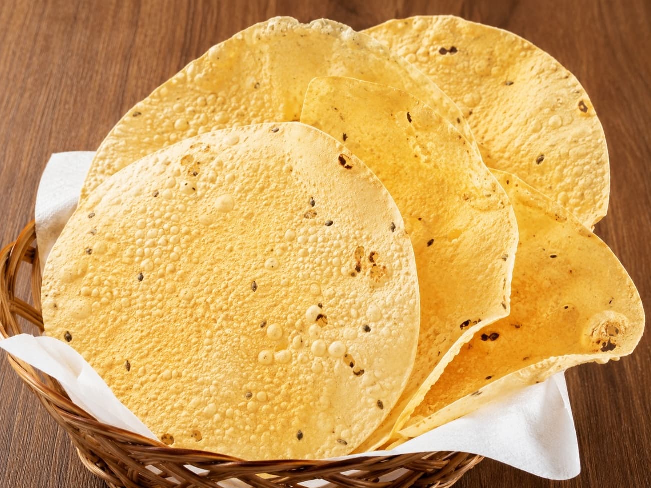 Basket of crisp papad at Sakura Asian Dining & Bar